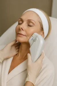 Woman receiving HIFU non surgical facelift treatment Batley
