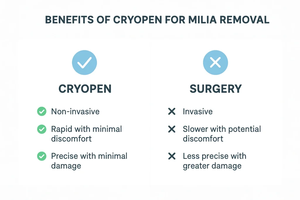 Benefits of cryopen for milia removal Batley compared to surgical treatments.