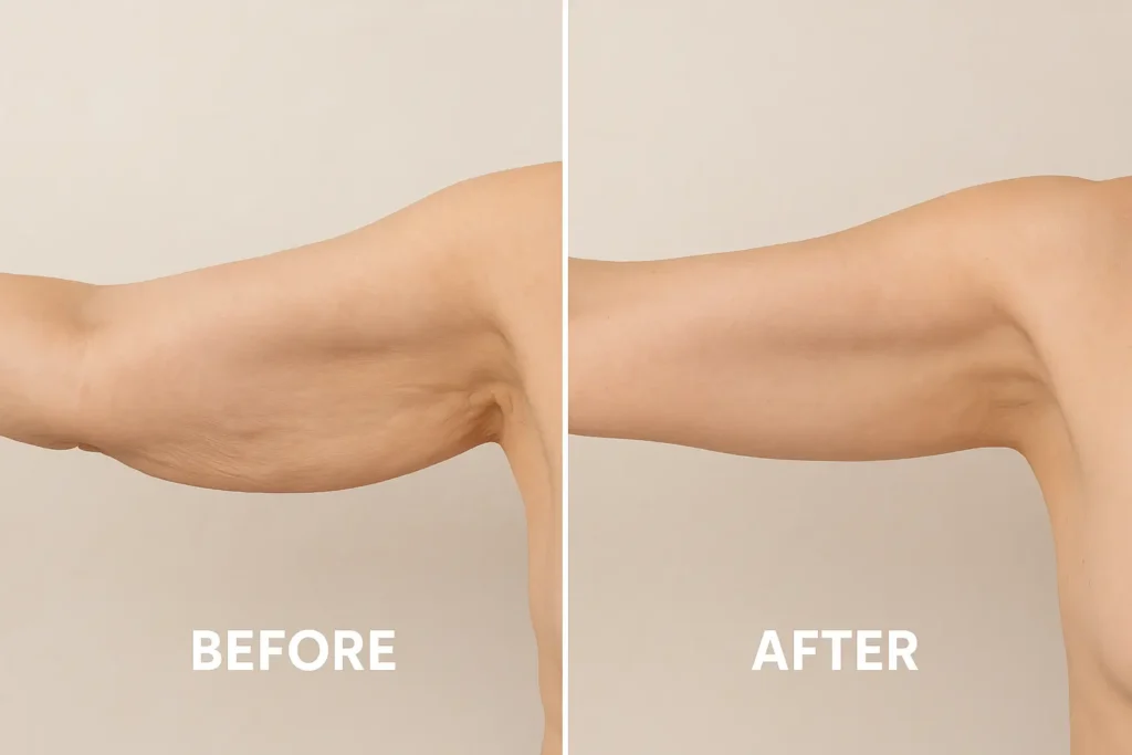 Picture of LA LIPO Batley before and after results of skin tightening treatment on the upper arms.