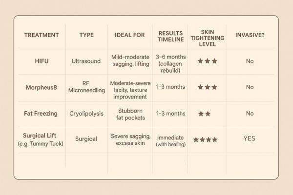 Table showing the comparisons of Skin tightening Batley treatment options.